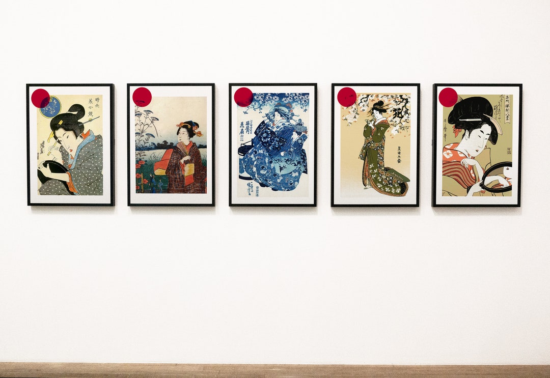 SET of 5 Geishas of Japan Original Japanese Paintings Asian Wall Art