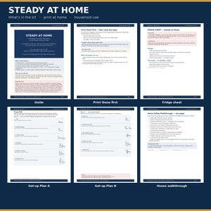 以下が含まれることがあります： Steady at Homeというタイトルのデジタルキット。ガイド、印刷手順、冷蔵庫用シート、立ち上がりプランAとB、住宅安全ウォークスルーの6枚の印刷可能なページが含まれています。文書にはテキスト、チェックリスト、棒人間のイラストが記載されています。