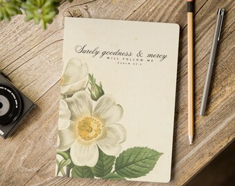 Vintage White Rose Scripture Journal softcover notebook | Surely Goodness & Mercy