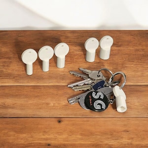 Può includere: Un set di chiavi e portachiavi su una superficie di legno. Sono visibili diversi ganci bianchi a forma di chiave. Un portachiavi ha un'etichetta nera con le lettere "SG" in bianco. Le chiavi sono attaccate a un portachiavi d'argento.