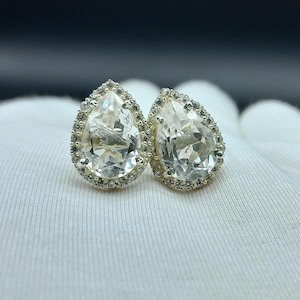 Sterling Silver Pear Green Amethyst Solitaire Earrings, American Diamond Halo