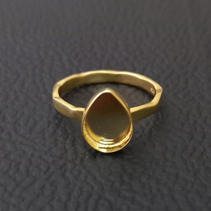 925 Sterling Silver Pear Ring, Gold Plated Hammered Bezel Cup Close Blank Ring, Setting For Making Ring 6x4 MM To 14x21 MM