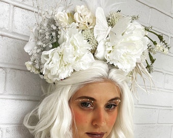 White Woodland Fairy Floral Crown Tiara Feather Nymph Headpiece Cottagecore Photo Prop