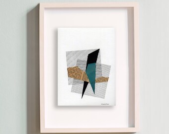 Torn Geometric Harmony: Blue Composition #007 - Mixed Media Collage and Linocut Midcentury Artwork