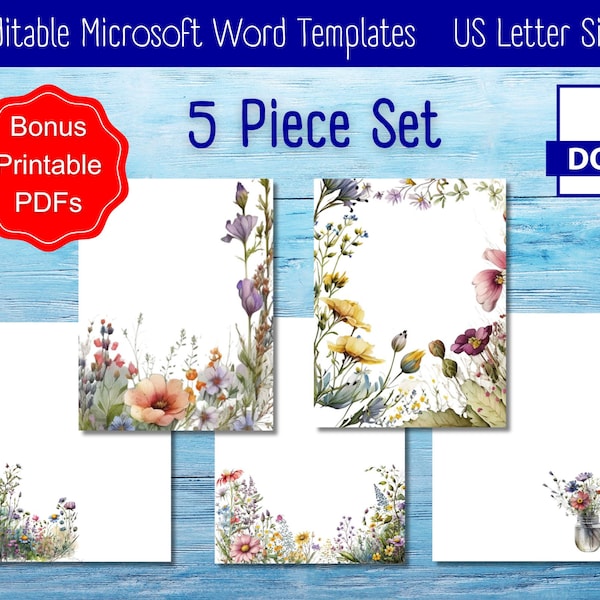 Watercolor Wildflower Microsoft Word Templates, Editable Microsoft Word Templates, Printable Stationery, Background Templates for MS Word