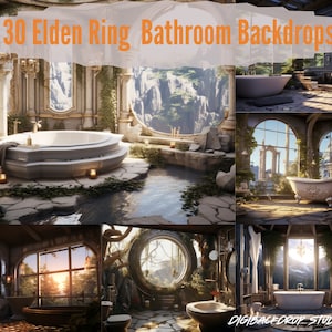 May include: A collage of six images featuring different bathroom backdrops inspired by the Elden Ring video game. Each image features a bathtub, with various scenic views outside the windows, including a mountain range, a forest, and a ruined castle.
