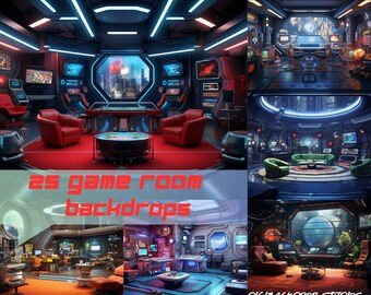 Pode incluir: Uma coleção de 25 cenários digitais para salas de jogos com designs futuristas e de ficção científica. Os cenários incluem várias cores, iluminação e móveis, como cadeiras vermelhas, sofás verdes e consoles de jogos.