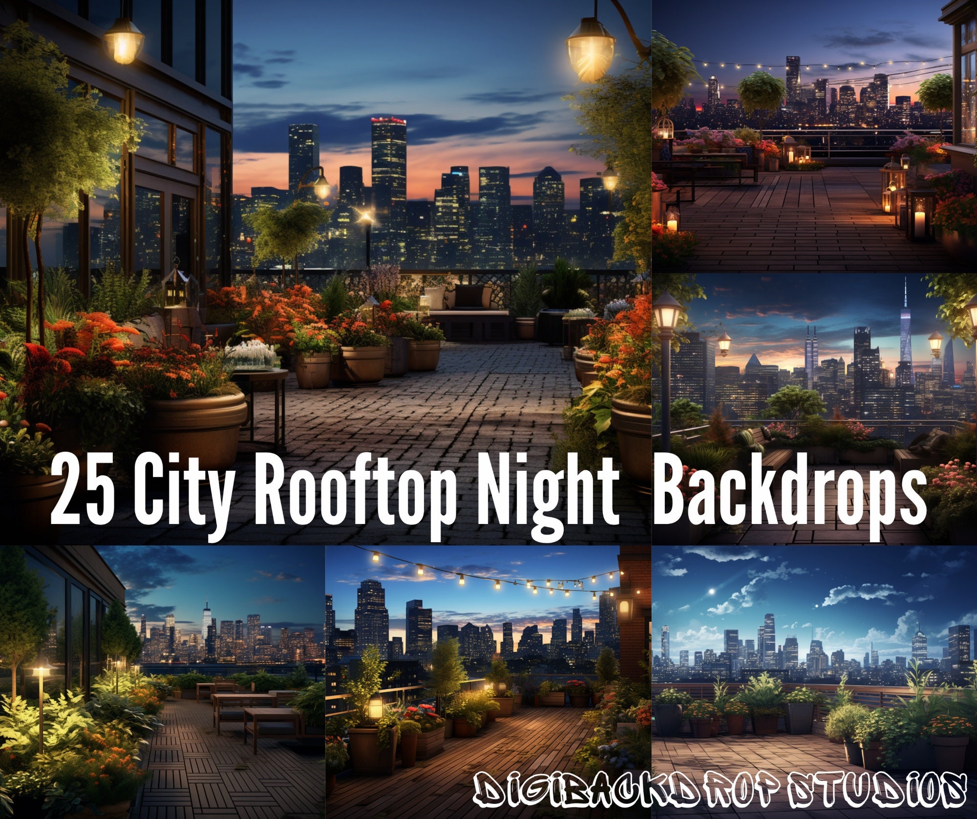City Rooftop Night Digital Backdrop: Urban Photography Background (PNG/JPG)