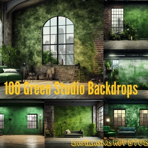 Könnte beinhalten: Eine Sammlung von 100 grünen Studio-Hintergründen mit verschiedenen urbanen und industriellen Umgebungen. Die Hintergründe sind perfekt für Fotografen und Videografen, die einen einzigartigen und stilvollen Look für ihre Projekte kreieren möchten.