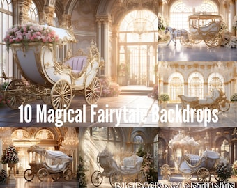 Magical Fairytale Digital Backdrops – Enchanting Palaces & Carriages, High-Res PNG for Canva, Photoshop, and Zoom