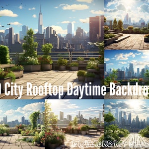 City Rooftop Digital Backdrops: Sunlit Skyline Views (PNG & JPG)