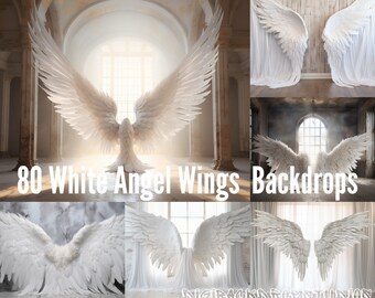 White Angel Wings Digital Backdrop: Ethereal Overlay (PNG, JPG)