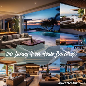 Luxury Pool House Digital Backdrops: 32K PNG, Zoom Backgrounds