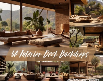 Mid-Century Modern Interior Deck Digital Backdrops: 50 PNG & JPEG (Digital Download)
