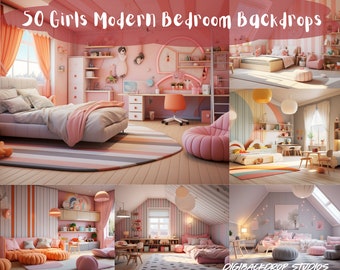 Girls Modern Bedroom Digital Backdrops: 4K/8K PNG JPEG (PDFs)