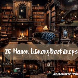 Könnte beinhalten: Eine Collage aus 20 Bildern, die eine große Bibliothek mit dunklen Holzvertäfelungen, Bücherregalen voller Bücher, einem Kamin und einem großen Ledersofa zeigen. Der Text "20 Manor Library Backdrops" ist über die Bilder gelegt.