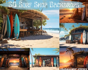 Surf Shop Beach Digital Backdrops: Vintage Sunset Photography (PNG & JPG)