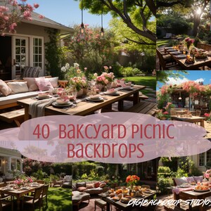 May include: A collage of images showcasing 40 backyard picnic backdrops. The images feature various settings, including a patio with a wooden table and chairs, a lush green lawn with a picnic blanket, and a garden with flowers and greenery. The images are perfect for creating a beautiful and inviting atmosphere for your next outdoor gathering.