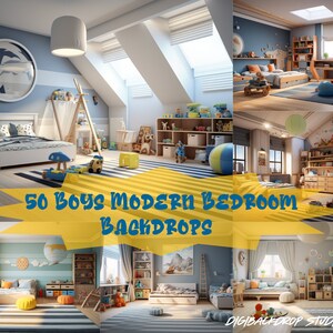 Boys Modern Bedroom Digital Backdrops: High-Res PNG, JPEG (50 Designs)