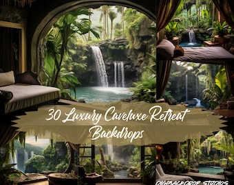 Luxury Cave Retreat Digital Backdrops: Waterfall Scenery (PNG/JPEG)