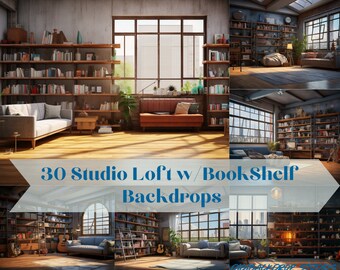 Studio Loft Bookshelf Digital Backdrops: High-Res PNG, JPEG (300DPI)