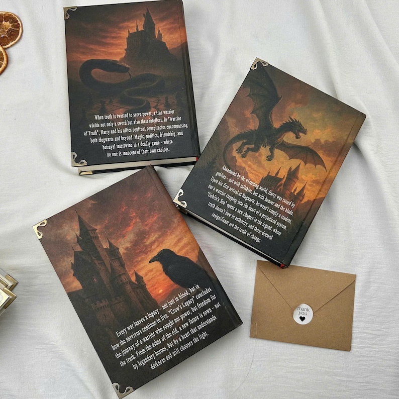 Pu&ograve; includere: Tre libri con copertina rigida a tema fantasy con illustrazioni di un serpente, un drago e un corvo, ognuno con testo. I libri hanno protezioni angolari decorative. &Egrave; presente anche una piccola busta marrone con un adesivo "grazie".