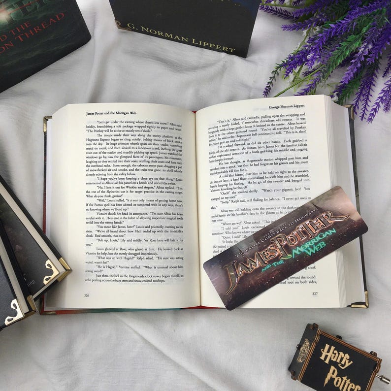 May include: An open book with gold-edged pages, displaying text from "James Potter and the Morrigon Web." A bookmark with the title is visible. Other books and a small "Harry Potter" music box are also present.