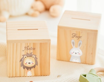 Money box for kids personalized rabbit and fox, cute piggy bank personalized, unique wooden money box, money box, easter gift, baptism gift