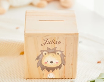 Money box for kids personalized rabbit and lion, unique wooden money box, money box wood child, money box, easter gift, baptism gift