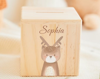 Money box for kids personalized fox, unique wooden money box, money box wood child, children money box with animal, baptism gifts