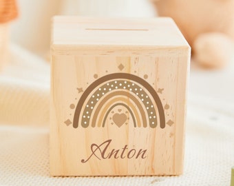 Money box for kids, wooden name piggy bank for girls and boys, money box wood child, children money box with arinbow style, baptism gifts