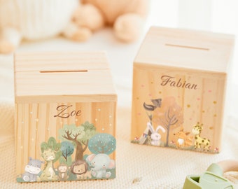 Money box for kids personalized animal party, unique wooden money box, money box wood child, children money box with animal, baptism gifts
