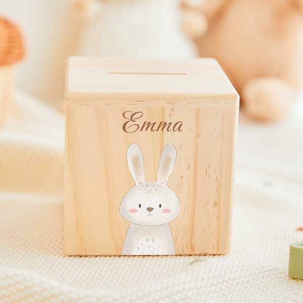 Money box for child personalized, custom wooden piggy bank for girls and boys, cute pattern baby baptism gift, baby gifts