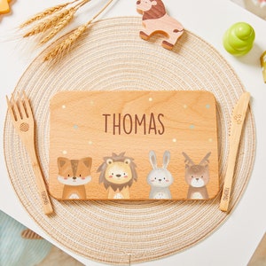 Custom Baby Easter Plate Gift with Wooden Child-Safe Knife and Fork, Personalized Kids Dining Set, Wooden Board with Name, Kids Feeding Set image 1