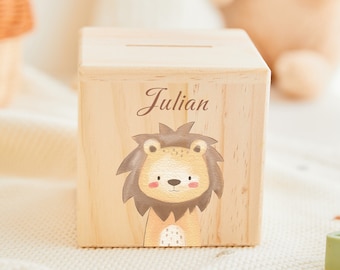 Money box for kids personalized, unique wooden money box, money box wood child, children money box with cute animal, baptism gifts