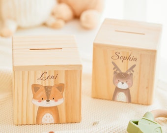 Money box for kids personalized fox and lion, unique wooden money box, money box wood child, children money box with animal, easter gifts