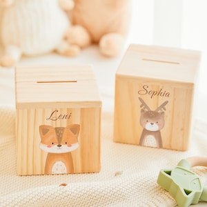 Money box for kids personalized fox and lion, unique wooden money box, money box wood child, children money box with animal, easter gifts