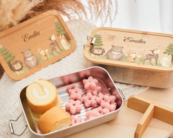 Personalisierte Lunchbox Kinder, Lunchbox aus Holz für Kinder, Kindergarten, Dschungeltier Lunchbox, Geschenk zum Schulanfang, Zug für die Schule