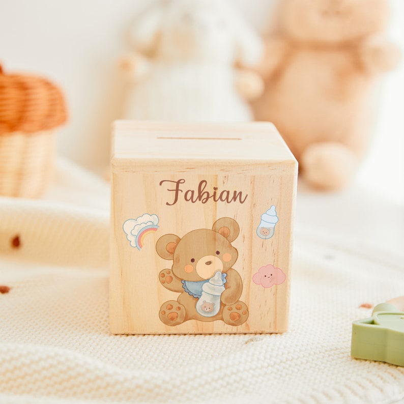 Easter baby money box gifts, personalized kids money box, money box wood, children money box with name, customized piggy bank, baptism gift Design 1