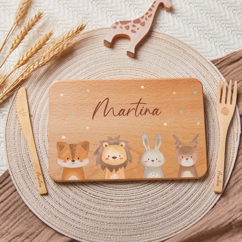 Custom Baby Easter Plate Gift with Wooden Child-Safe Knife and Fork, Personalized Kids Dining Set, Wooden Board with Name, Kids Feeding Set image 7