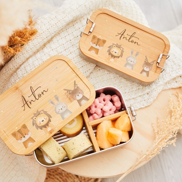 Boîte à lunch pour enfants avec son nom, boîte à lunch en bois pour enfants, jardin d'enfants, boîte à lunch d'animaux de la jungle, cadeau de rentrée scolaire, cadeaux d'anniversaire