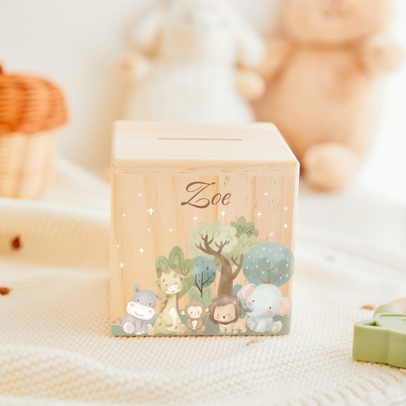 Custom baby money box, wooden money box, children money box with name, customized piggy bank, easter gift, baptism gift, gift for kids Design 3