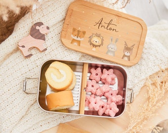 Personalisierte Kinder Lunchbox, Lunchbox aus Holz für Kinder, Kindergarten, Dschungeltier Lunchbox, Geschenk zum Schulanfang, Zug für die Schule