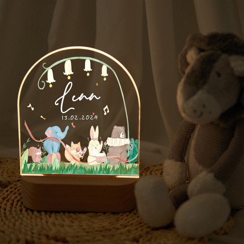 Veilleuse personnalisée pour fête musicale animal bab, cadeau naissance bébé, veilleuse bébé, lampe de nuit animal mignon, lampe déco chambre bébé Long