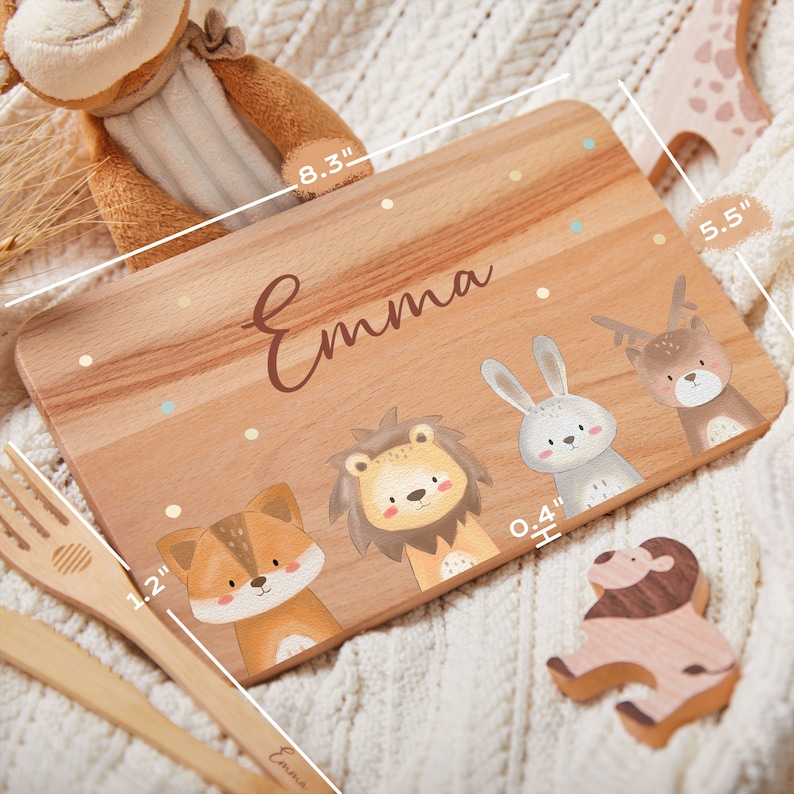 Benutzerdefinierte Baby-Ostern-Teller-Geschenk mit kindersicherem Holzmesser und gabel, personalisiertem Kinder-Speiseset, Holzbrett mit Namen, Kinderfütterungsset Bild 3