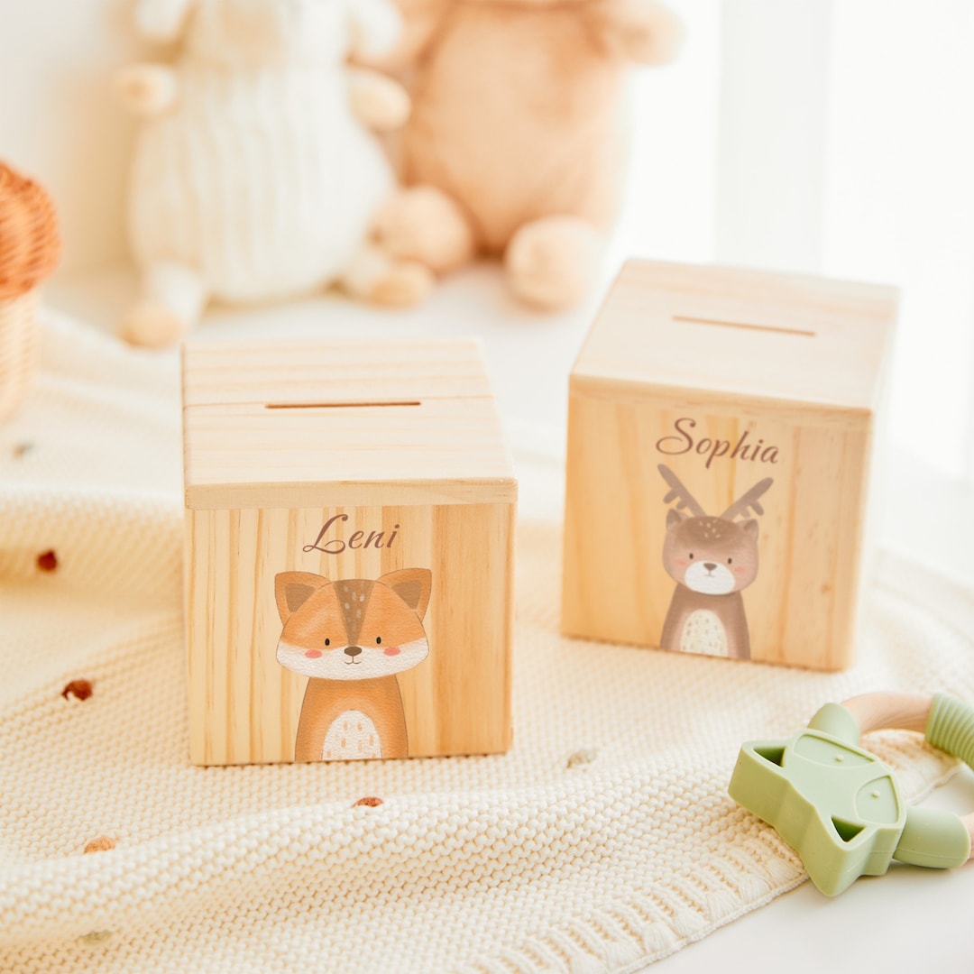 Money Box for Kids Personalized Fox and Lion, Unique Wooden Money Box