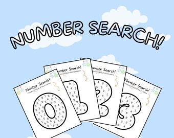 May include: Four printable worksheets with the title "Number Search!"  Each worksheet features a large number (0, 1, 2, or 3) with smaller numbers scattered around it.  Instructions on each worksheet read "Find and circle all of the [number]s below".
