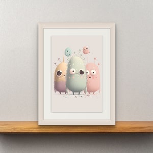 Niedliches Cartoon Monster Trio Poster, Kinderzimmer Wandkunst, druckbare Wandkunst, Digitaldrucke, Pastell Farbschema, Kinderzimmer Dekor