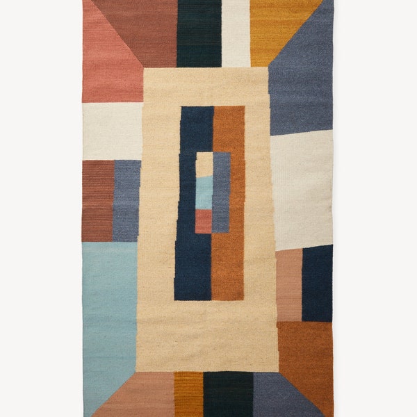 Flatweave 100% Pure New Zealand wool rug hand woven Dhurrie kilim, mid century rug modern rugs art deco rug mcm rug 8x10 9x12 geometric rug