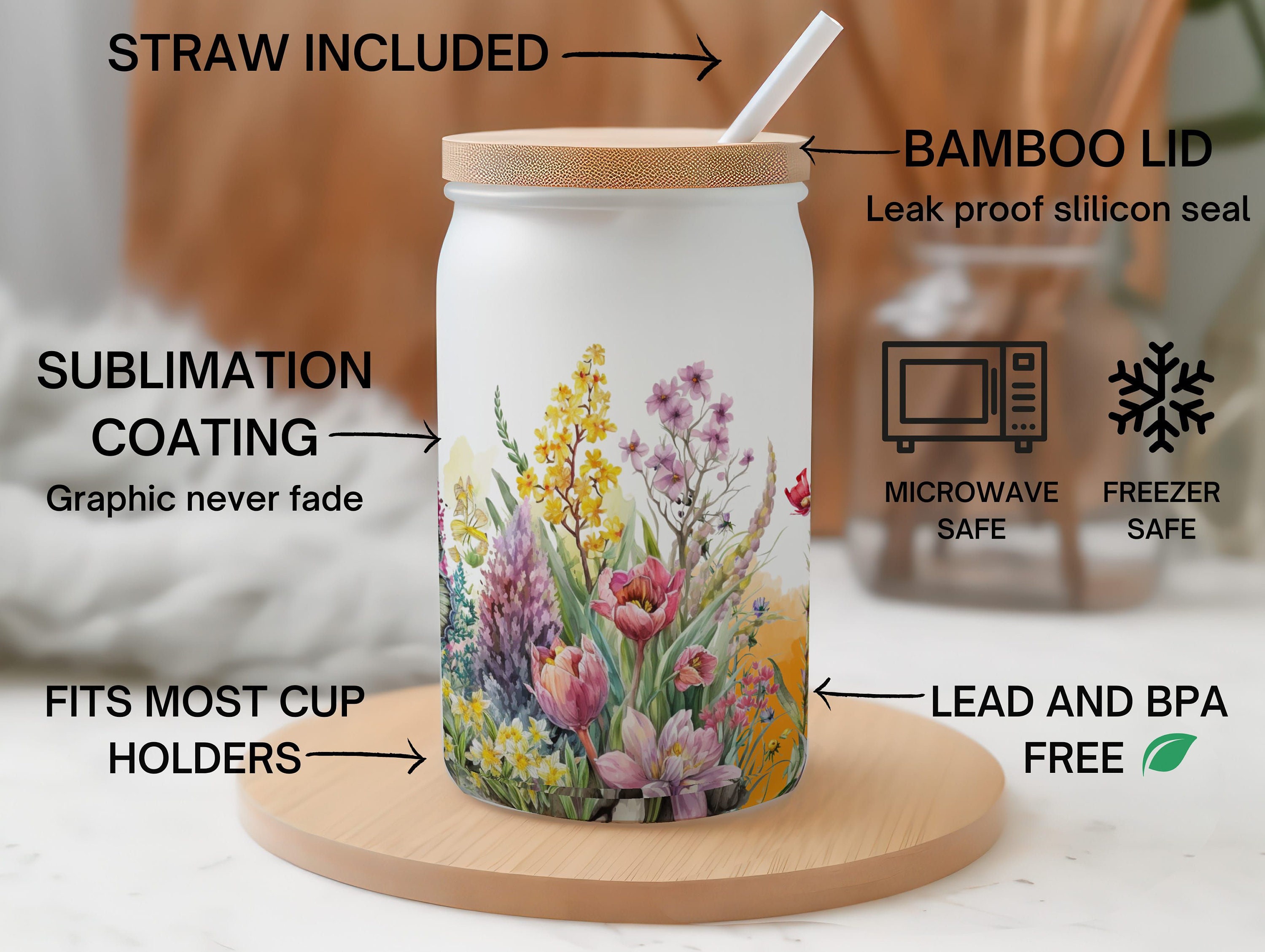 Wildflower Cup Iced Coffee Glass Floral Glass Can with Lid Straw Cute Boho  Coffee Cup for Women Friends Bridesmaids Mom (EB3496WFL)